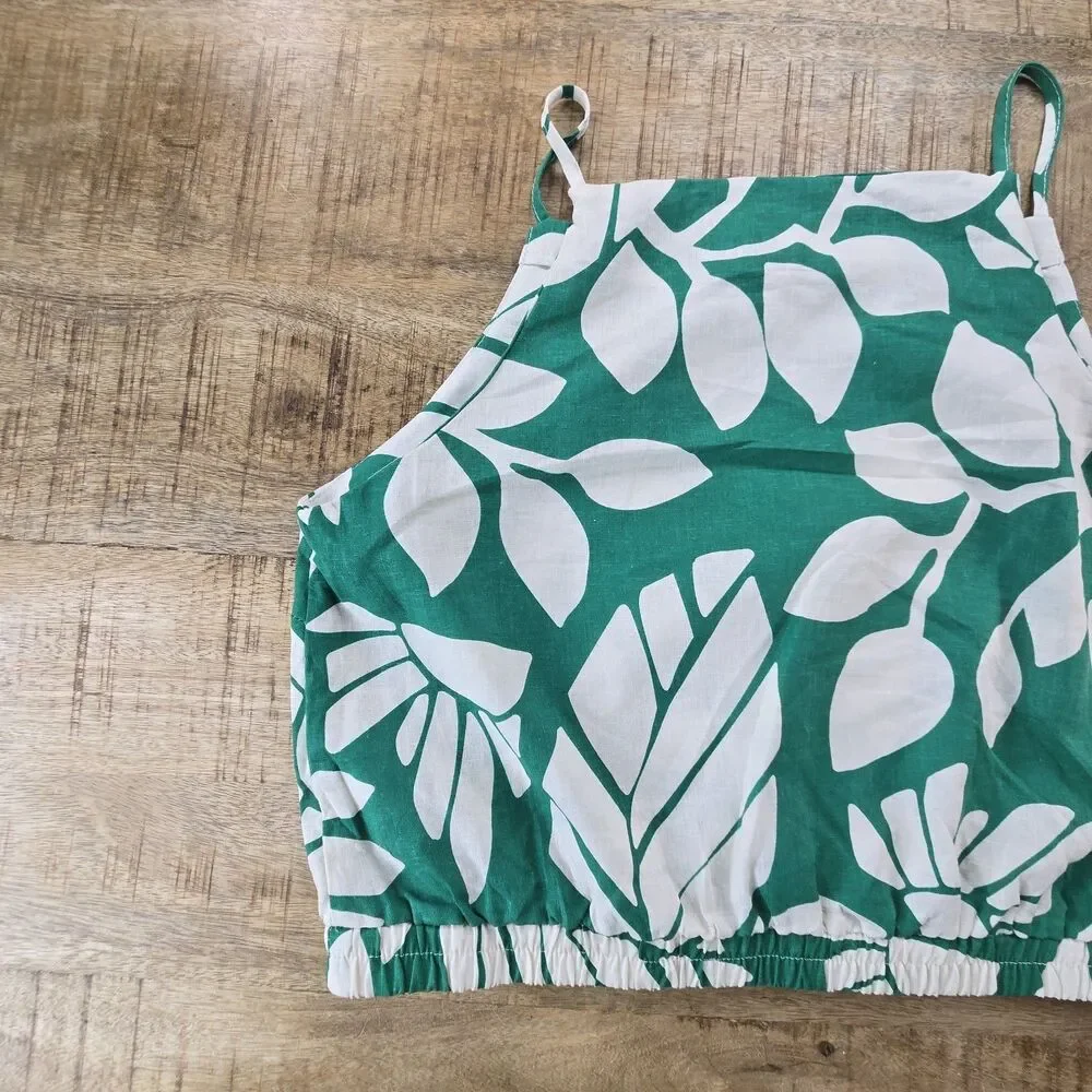 Nicole Miller Artelier Linen Crop Tank Top L Green White Leaf Print Women’s - Picture 7 of 11